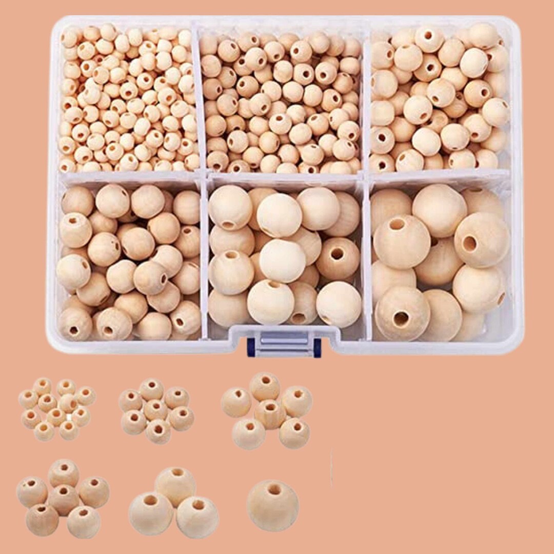 1100 Decorative Wooden Beads Box 6 Sizes DIY, Unfinished Natural Beads