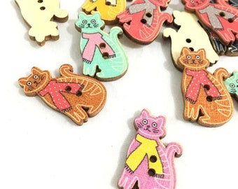 Wooden Cat Buttons, 1.2 inch -30 mm, Kitten Buttons, Assorted Styles, Craft, Sewing, Crafts Scrapbook Supplies, Art Projects, Craft Buttons