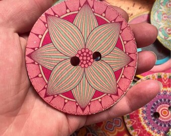 Mix of Colorful, Wooden Buttons, 3 inch size, 75 MM Size, Craft Supplies, Notions, Mandala, Painted Buttons, Scrapbooking Supplies, DIY