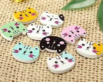 Mix of Colorful Cat Buttons, Wooden Animal Buttons, Meow Buttons 15mm / Craft, Sewing, Vintage-style, Painted Buttons, Craft Supplies, DIY