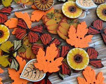 Mix of Thanksgiving Fall Wooden Buttons - Festive Thanksgiving Craft, Craft Supplies, Maple Leaves, Butterflies, Sunflowers, Craft Supplies