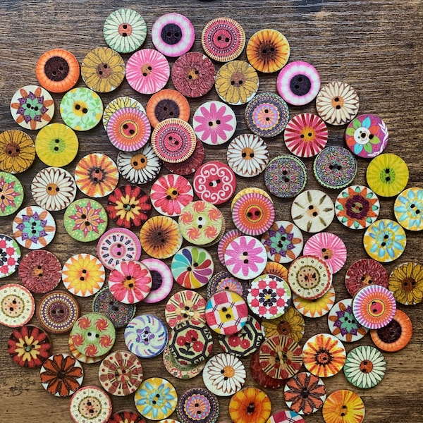Colorful Wooden Buttons 0.75 inch size / Craft Supplies, Sewing, Notions, Vintage-style, Painted Buttons, Craft Supplies, Beautiful Buttons