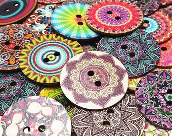 Mix of Colorful, Wooden Buttons, 2 inch size, 50MM Size, Craft Supplies, Notions, Mandala, Painted Buttons, Scrapbooking Supplies, DIY