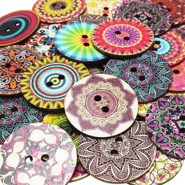 Mix of Colorful, Wooden Buttons, 2 inch size, 50MM Size, Craft Supplies, Notions, Mandala, Painted Buttons, Scrapbooking Supplies, DIY