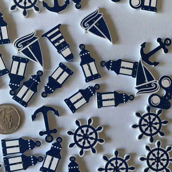 Nautical Themed Wooden Buttons - Anchor, Lighthouse, Sailboat, Ship Wheel, Beach Buttons, Navy Blue Color, 20mm - 1.2 in, DIY Craft Supplies