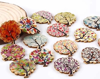 Mélange de boutons colorés en forme d'arbre en bois de 1,2 pouce, travaux manuels, couture, articles de mercerie, style vintage, boutons peints, fournitures créatives, beaux boutons