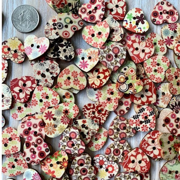 Wooden Heart Buttons, 1 inch, Heart Buttons, Assorted Styles, Craft, Sewing, Crafts Scrapbook Supplies, Art Projects Brown flat back buttons