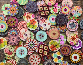 Mix of Colorful, Wooden Buttons / 0.6, 0.75, 1 inch sizes / Craft, Sewing, Notions, Vintage-style, Painted Buttons, Craft Supplies, DIY