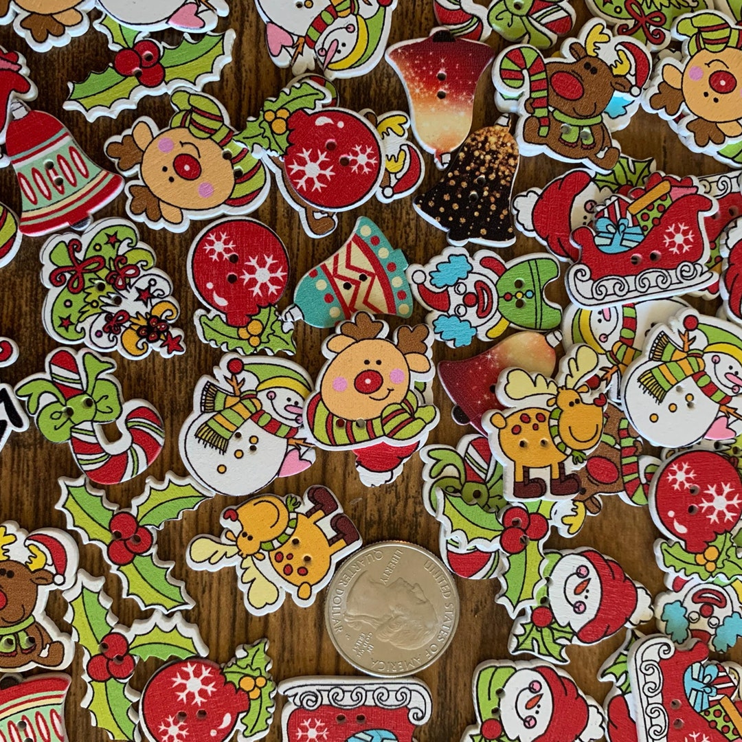 Mix of Christmas Wooden Buttons Festive Christmas Buttons, Christmas