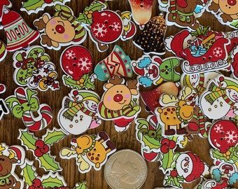 Mix of Christmas Wooden Buttons - Festive Christmas Buttons, Christmas Tree, Santa, , Bells, Snow Man, Candy Cane, Bells, Craft Supplies