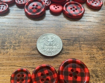 Red and Black Buffalo Plaid Wooden Buttons, Christmas Wooden Buttons, DIY Craft Supplies, Mix of Three Sizes - 15mm, 20mm, 25mm, Sewing