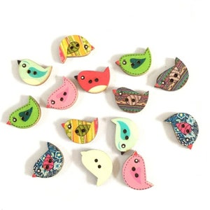 Colorful Random Mix of Wooden Bird Buttons Bird Buttons, Wooden Buttons, Sparrow Buttons, Nature Buttons, 22mm 0.8'', DIY Craft Supplies image 1