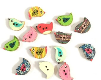 Colorful Random Mix of Wooden Bird Buttons - Bird Buttons, Wooden Buttons, Sparrow Buttons, Nature Buttons, 22mm - 0.8'', DIY Craft Supplies