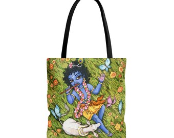 Krishna in the grass tote bag | Hare Krishna tote by Rasika Designs / small / medium / big | Spiritual gifts
