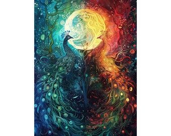 May include: Two peacocks with vibrant blue, green, and gold feathers stand facing each other against a dark background with a large, glowing moon behind them.