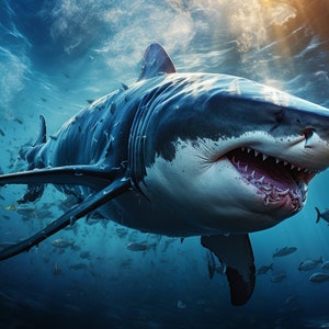May include: A large great white shark with its mouth open, showing sharp teeth, swims in the ocean. The shark is surrounded by smaller fish.