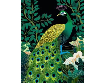 May include: A green and yellow peacock with a blue head and a long tail of green and blue feathers stands in a lush green jungle setting with white flowers.