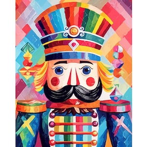Puede incluir: Un cascanueces colorido y fantasioso con un gran sombrero multicolor y un uniforme azul y rojo. El cascanueces tiene un gran bigote y una expresión amigable.
