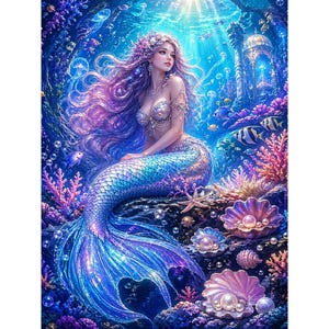 Puede incluir: Pintura digital de una sirena con largo cabello morado y una cola brillante azul y morada. Está sentada entre corales y conchas marinas en una escena submarina, con la luz del sol filtrándose a través del agua.