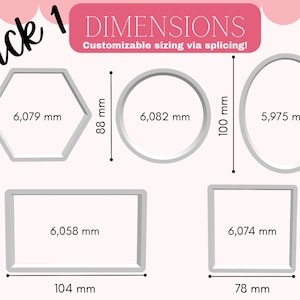 Può includere: Un set di cinque formine grigie per biscotti di varie forme: un esagono (9,7 cm), un cerchio (8,8 cm), un ovale (10 cm), un rettangolo (10,4 cm) e un quadrato (7,8 cm). Il testo "Pack 1" e "DIMENSIONS" è incluso.