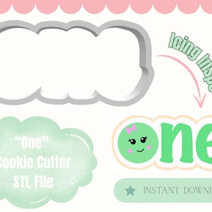 May include: A silver metal cookie cutter in the shape of the word "One" with a cloud-like border. The image also includes a green illustration of the word "one" with a face, a pink bow, and the text "Icing Inspo" and "Instant Download".