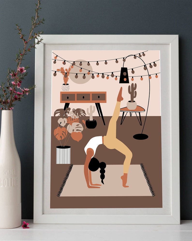 yoga decor feminist art spiritual art yogi girl art Coronavirus protection. yoga with a medical mask on her face