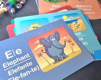 May include: A blue flashcard with a cartoon illustration of an elephant. The card has the letter "E" and the words "Elephant", "Elefante", and "(Ele-fan-te)" written on it.