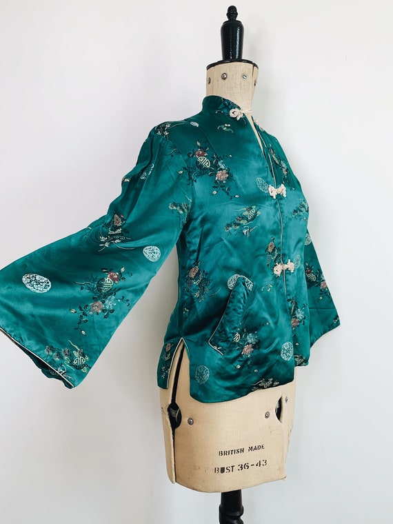 Beautiful vintage silk kimono emerald green - image 5