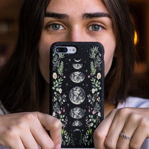 Moonlit Garden Tough Case Mystical Celestial Sun Moon Phases Starry Night Witchy Gothic Wicca Pagan Floral Black Astrology iPhone Samsung