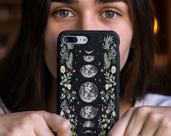 Maanverlichte tuin stoere case mystieke hemelse zon maanfasen sterrennacht heksen gotische Wicca heidense bloemen zwarte astrologie iPhone Samsung