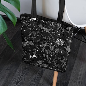 Celestial Moth Tote Bag Sun and Moon Constellations Black and White Gothic Witchy Wicca Galaxy Stars Dragonfly Boho Astrology Shopper Gift