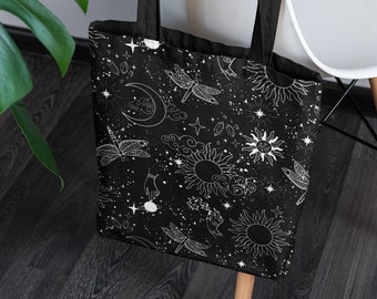 Celestial Moth Tote Bag Sun and Moon Constellations Black and White Gothic Witchy Wicca Galaxy Stars Dragonfly Boho Astrology Shopper Gift