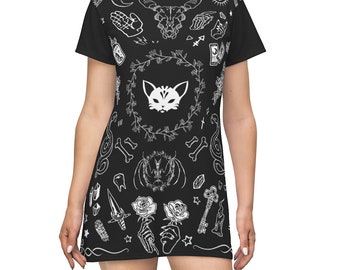 Sukienka gotycka czarownicy Czarna koszulka czarownicy Magick Moon Skulls Sphynx Cat Mistyczna czarna gotycka sukienka ołtarzowa Wicca