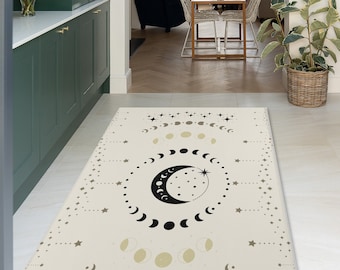 Beige Moon Area Rug - Celestial Moon Phases Carpet - Astrology Constellations Sun and Moon Starry Witchy Boho Lunar Rug