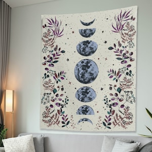 Moonlit Garden Tapestry Beige Moon Phases Wall Hanging Floral Lunar ...