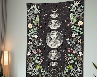 Moonlit Garden Tapestry Moon Phases Wall Hanging Floral Lunar Night Sky Moon Eclipse Tapestry Universe Galaxy Starry Night Tapestries