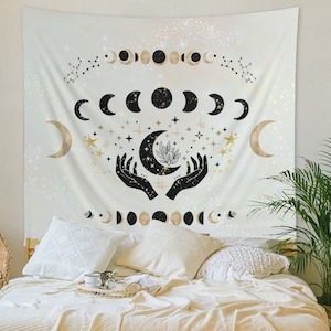Celestial Moon Tapestry - Moon Phases Astrology Magical Hands Stars Crescent Witchy Mystical Room Decor Starry Lunar Wall Decor