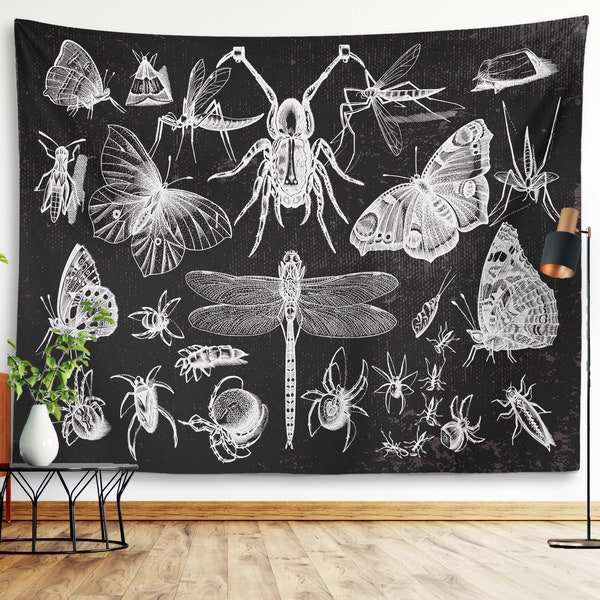 Moths Insects Butterflies Tapestry Black Gothic Wall Tapestry Wall Hanging Room Decor Wall Decor Wiccan Tarot Entomologist Grunge Wall Art