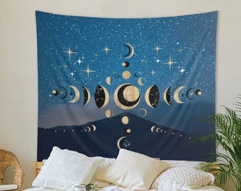 Luna Mountain Tapestry - Celestial Wall Decor Moon Phases Lunar Astrology Magical Stars Crescent Witchy Mystical Room Decor Starry Gold Moon