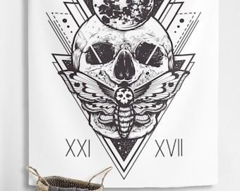 Cráneo Polilla Luna Tapiz Pared Mística Colgante Sobrenatural Oculto Brujería Pared Decoración Geometría Sagrada Insecto Halcón Geométrico Gótico Pared Arte