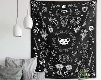 Gothic Witchy Tapestry Witchcraft Magic Moon Skulls Black Indoor Wall Hanging For Dorm Bedroom Living Room Goth Wall Decor Witch Tapestry