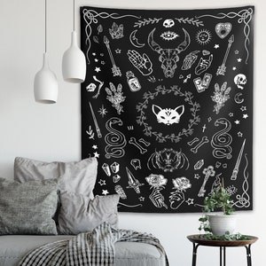 Gothic Witchy Tapestry Witchcraft Magic Moon Skulls Black Indoor Wall Hanging For Dorm Bedroom Living Room Goth Wall Decor Witch Tapestry