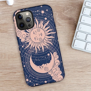 Sun Moon Tough Case Blue Celestial Sky iPhone Galaxy Case Clouds Bohemian Meditation Mystical Sun and Moon Face Witchy Wicca Boho Accessory