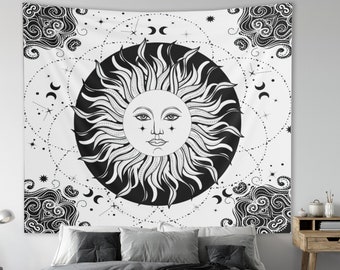 Bohemian Sun Tapestry Starry Night Sun Moon Wall Hanging Luna Mystic Black and White Gothic Celestial Wall Decor Galaxy Wall Hanging