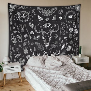 Gothic Witchy Tapestry Witchcraft Magic Moon Skulls Black Indoor Wall Hanging For Dorm Bedroom Living Room Goth Wall Decor Witch Tapestry