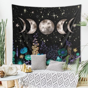 Moon Phases Starry Night Tapestry Floral Moonlit Garden Wall Hanging Sun Moon Decor Celestial Wildflowers Bohemian Mystical Eclipse