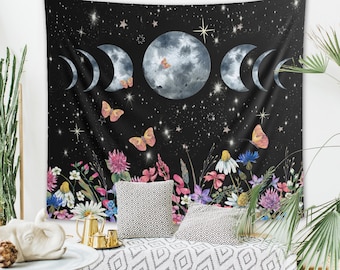 Moon Phases & Butterflies Tapestry Starry Night Floral Wall Hanging Sun Moon Decor Celestial Wildflowers Bohemian Mystical Astrology Eclipse