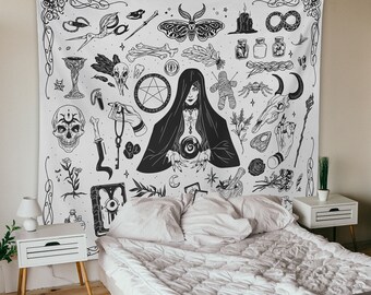 Witchy Gothic Tapestry Witchcraft Magic Moon Skulls Black Indoor Wall Hanging For Dorm Bedroom Living Room Goth Wall Decor Witch Tapestry