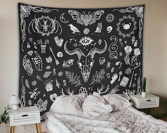 Gothic Witchy Tapestry Witchcraft Magic Moon Skulls Black Indoor Wall Hanging For Dorm Bedroom Living Room Goth Wall Decor Witch Tapestry