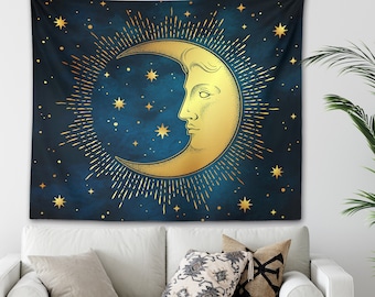 Antique Moon Face Tapestry Celestial Bohemian Wall Hanging Starry Night Meditation Dorm Gothic Witchy Astrology Vintage Crescent Moon Decor